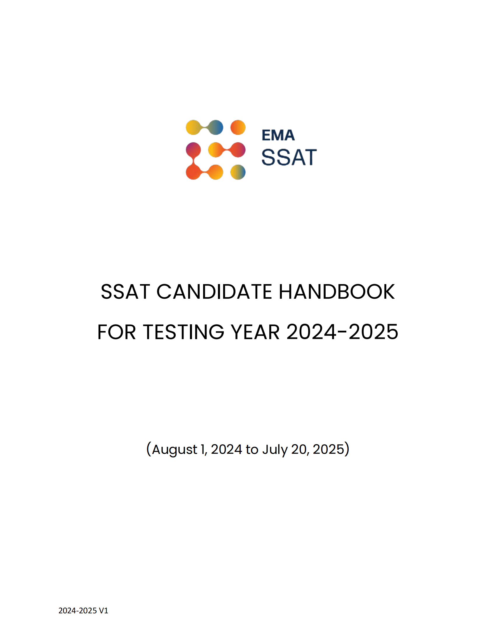 SSAT Candidate Handbook cover, testing year 2024-2025