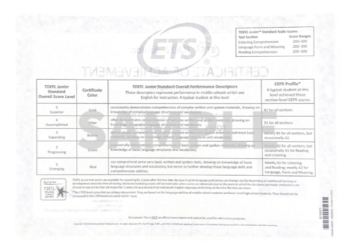 TOEFL Junior certificate, sample back
